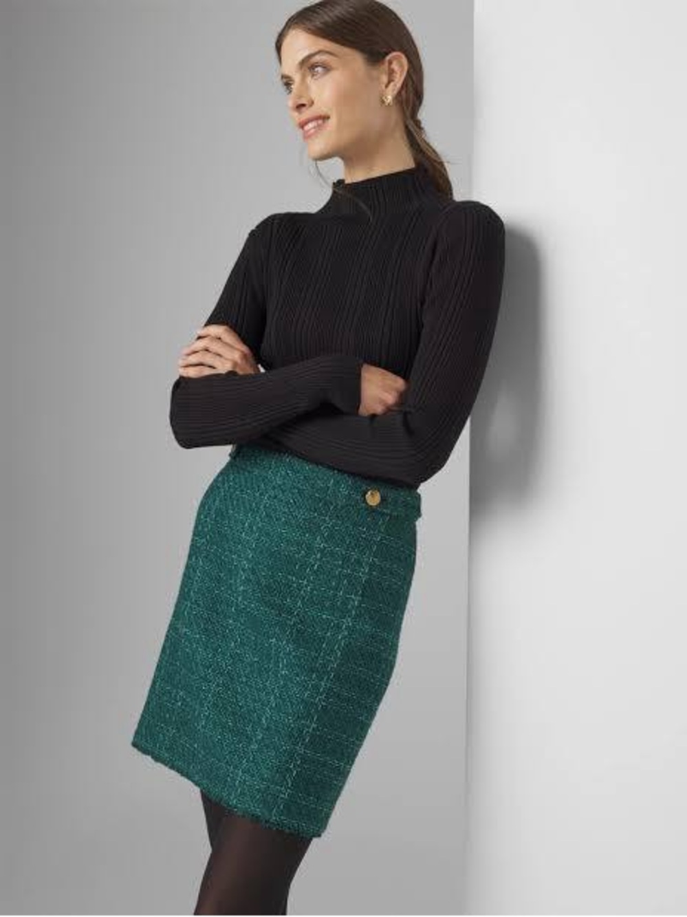 NWT White House Black Market Tweed Frayed Hem Boot Skirt Dark Sea